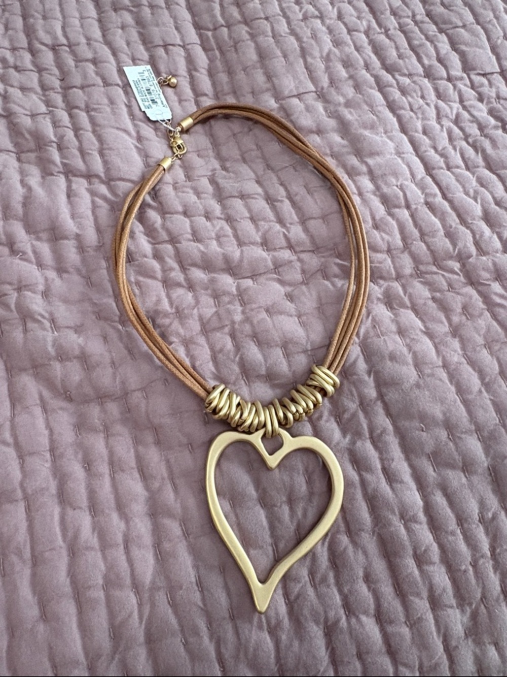 Gold Heart Pendant Necklace with Brown Cord